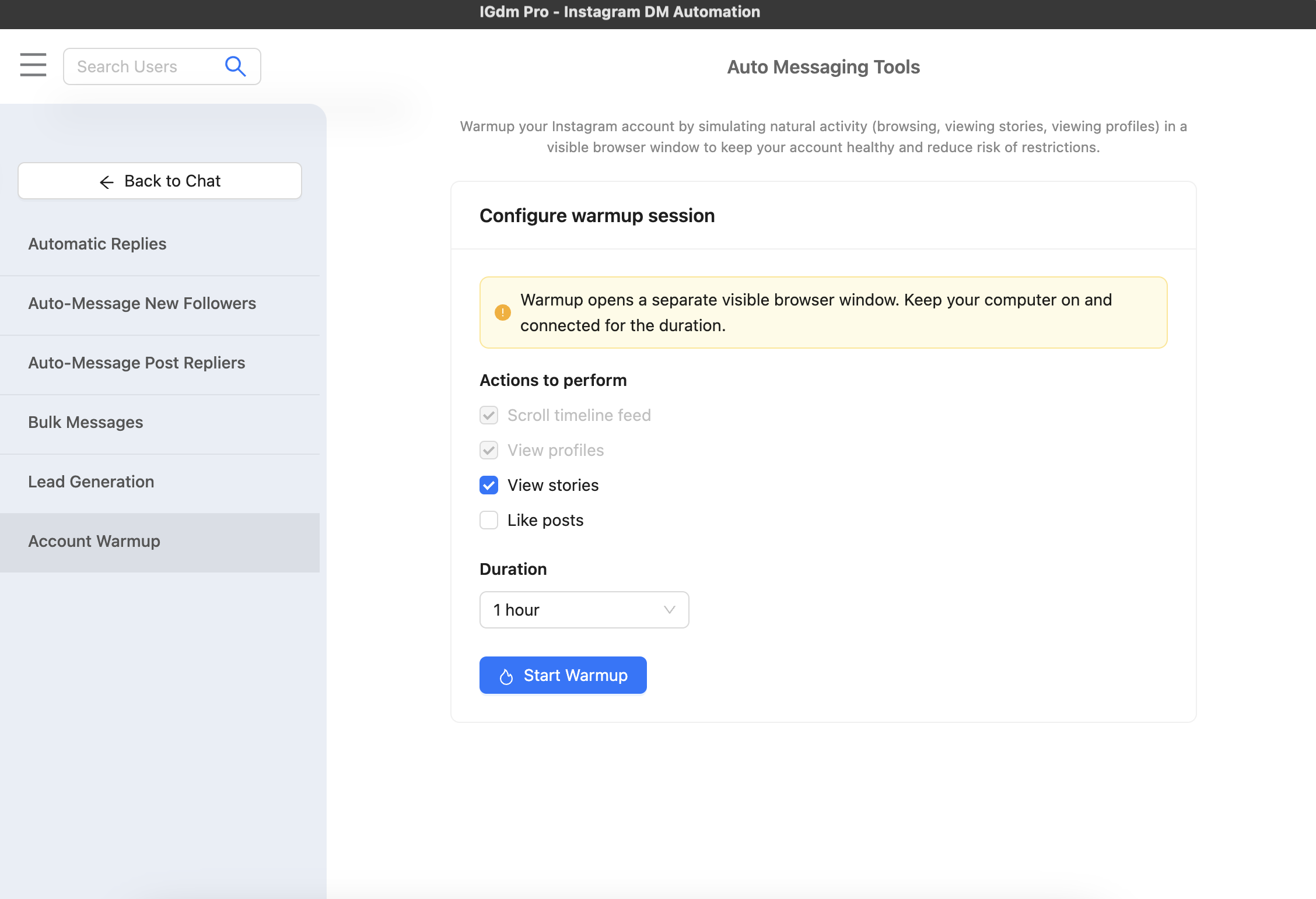 IGdm Pro Account Warm up view