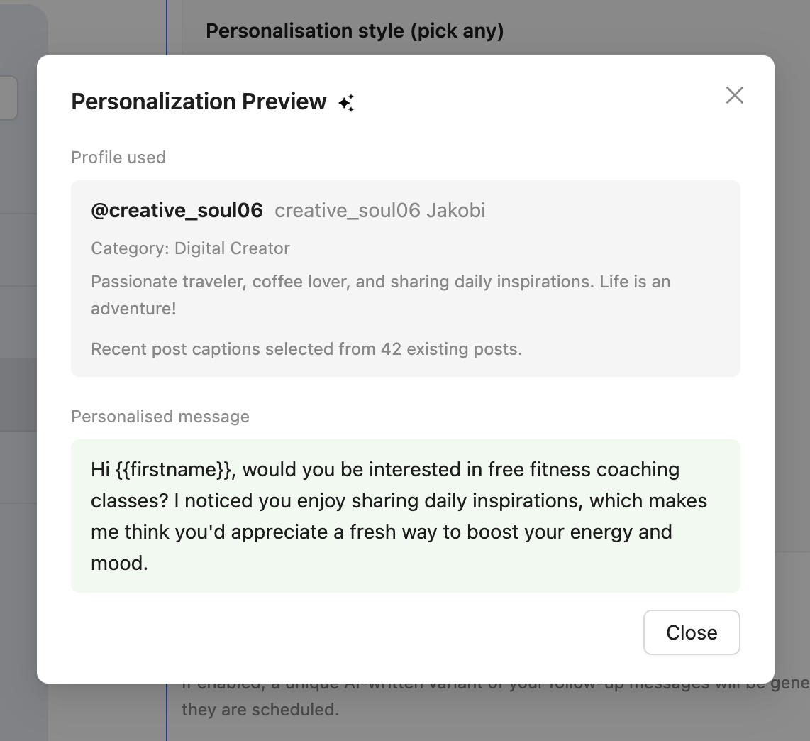 AI personalization preview with profile context and personalized message
