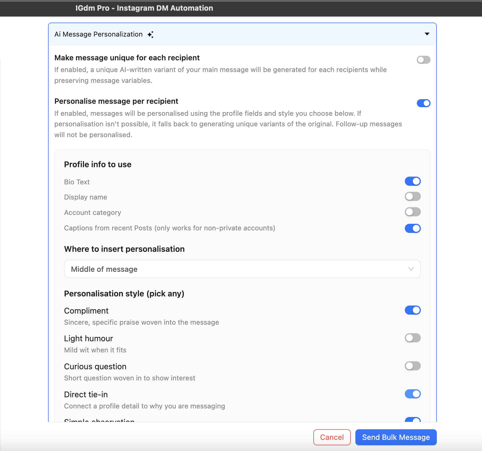 AI message personalization settings in IGdm Pro
