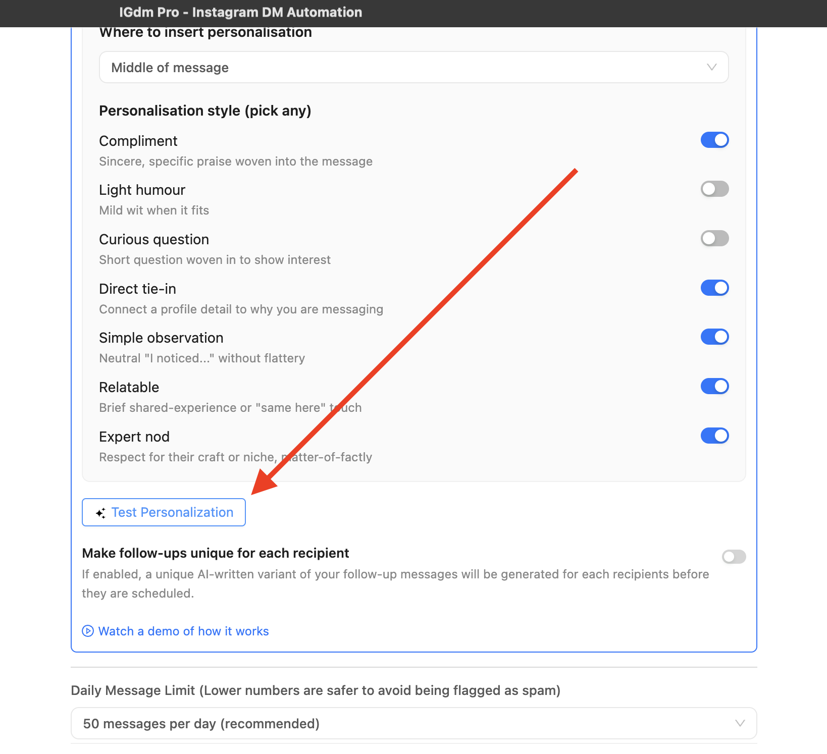 Test Personalization button in IGdm Pro AI settings