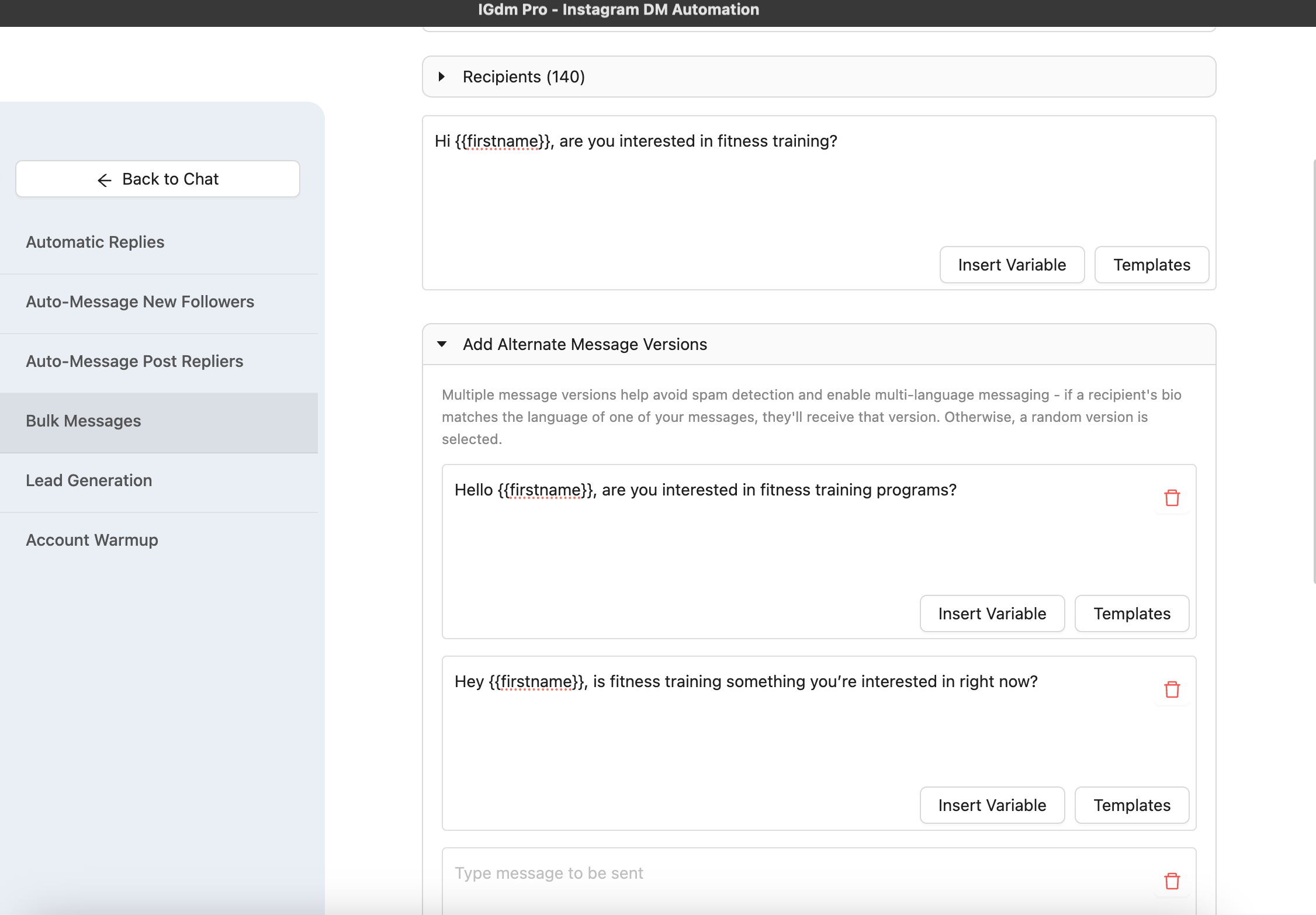 Alternate message versions in IGdm Pro