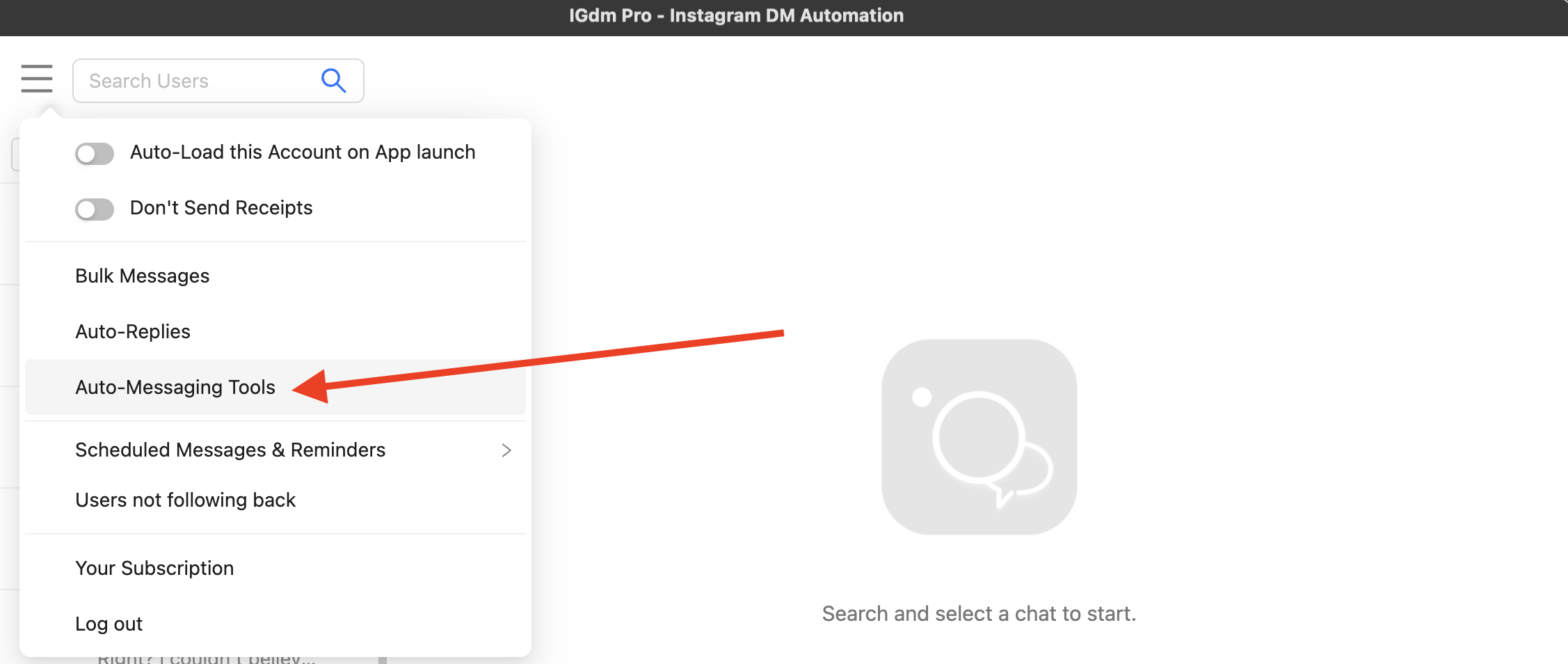 IGdm Pro Auto-Messaging Tools menu