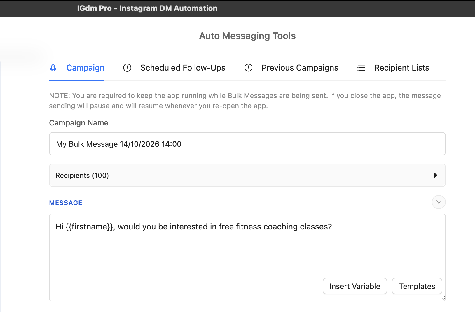 Composed bulk message before AI personalization in IGdm Pro