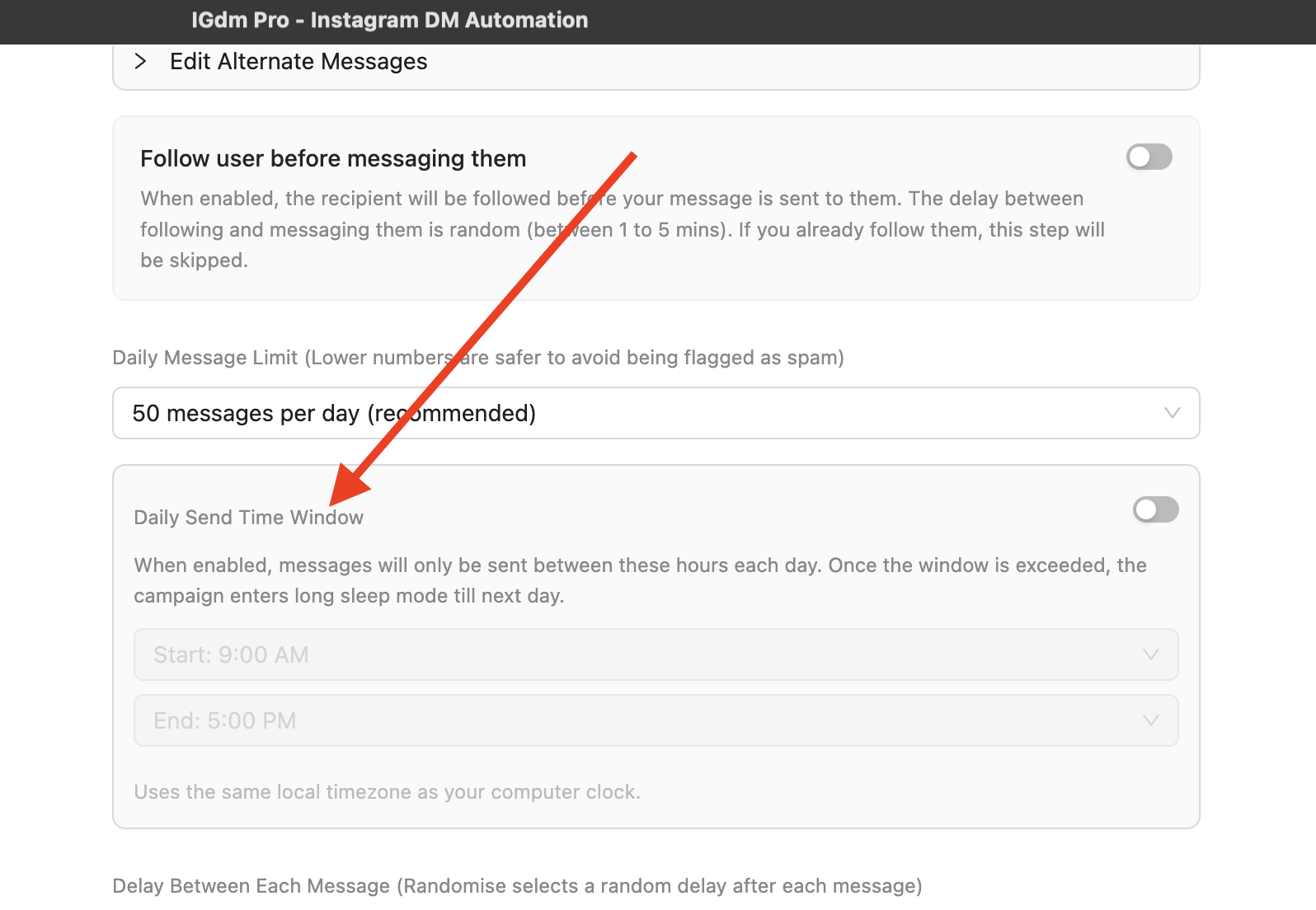 Daily Send Time Window settings in campaign edit mode