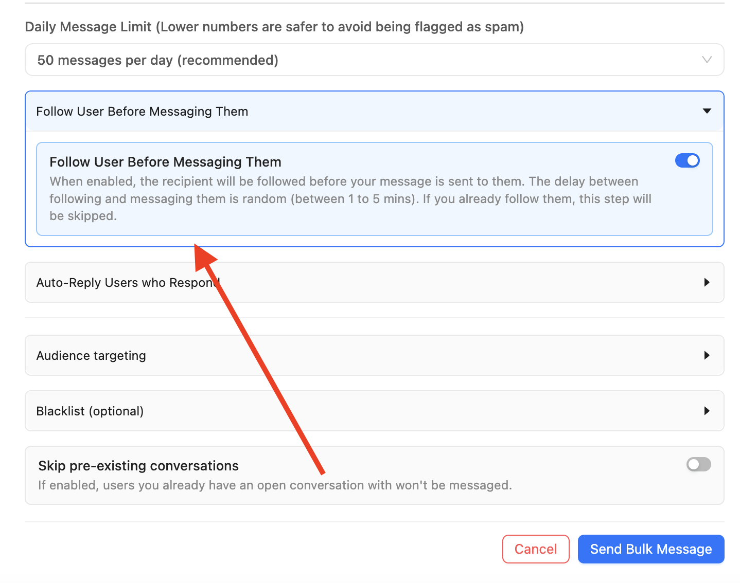 Follow User Before Messaging Them enabled in IGdm Pro