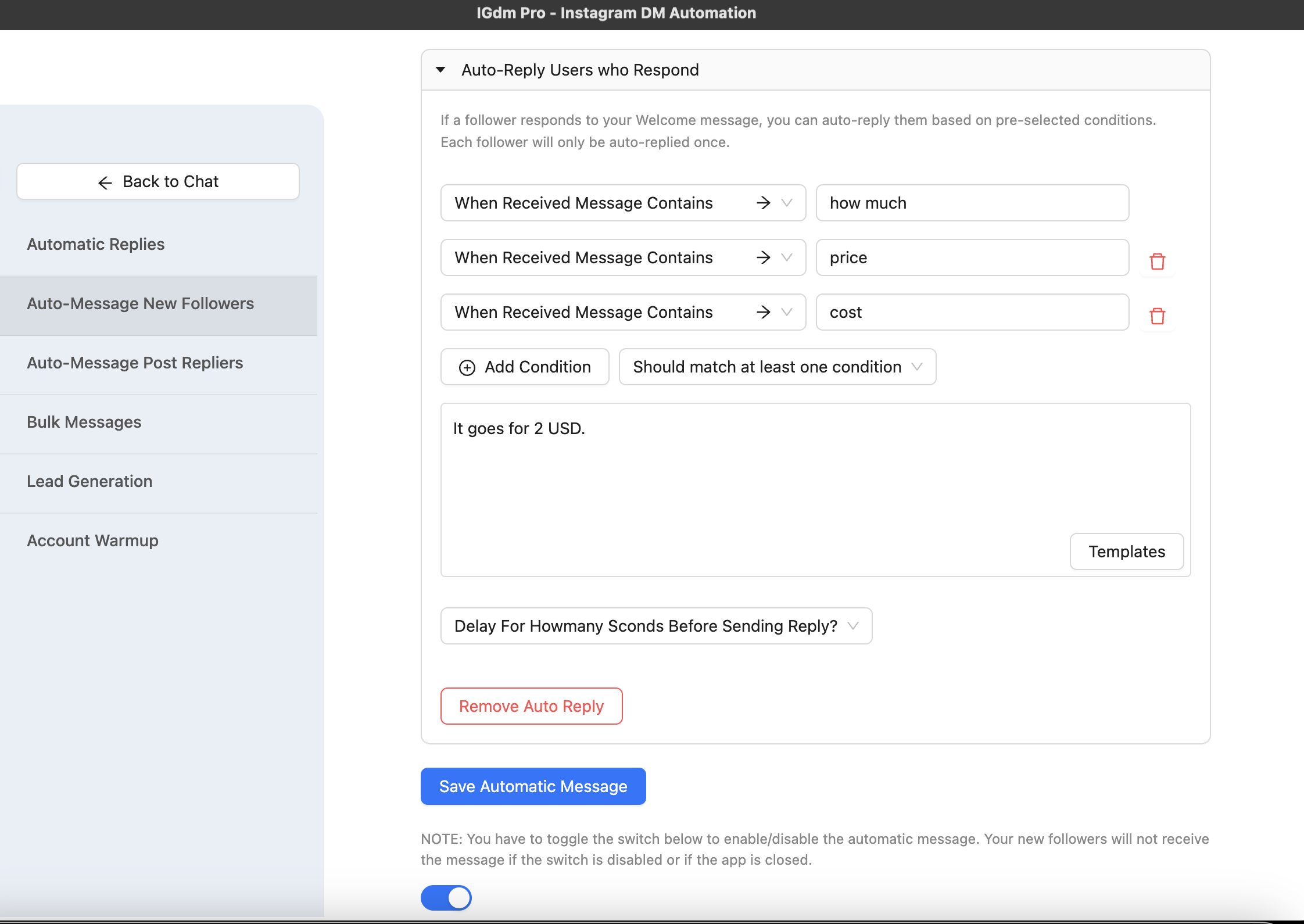 Follow to DM auto-reply form settings