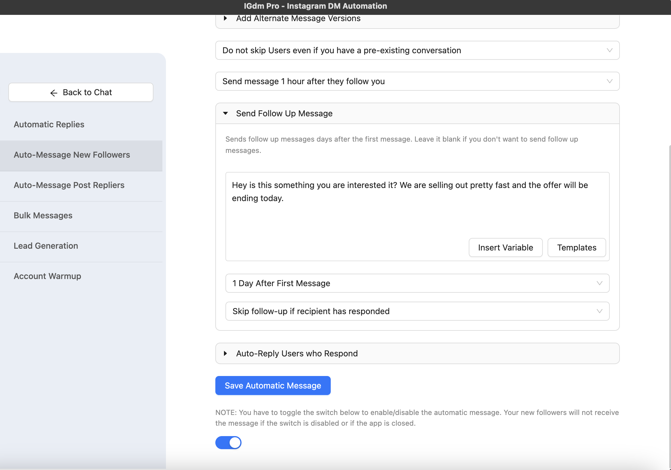 Follow to DM follow-up message setup
