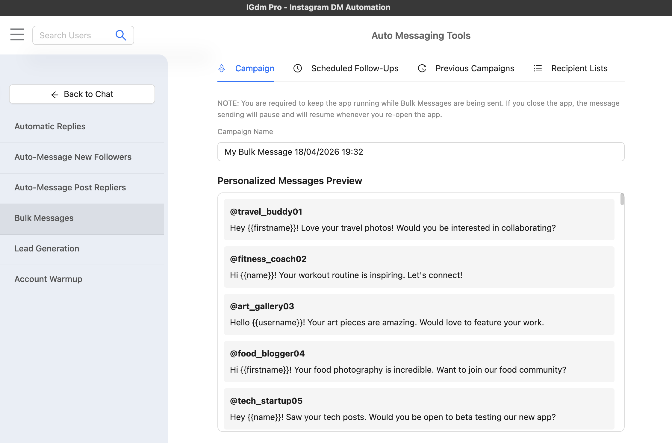 Preview of personalised messages per recipient after CSV upload