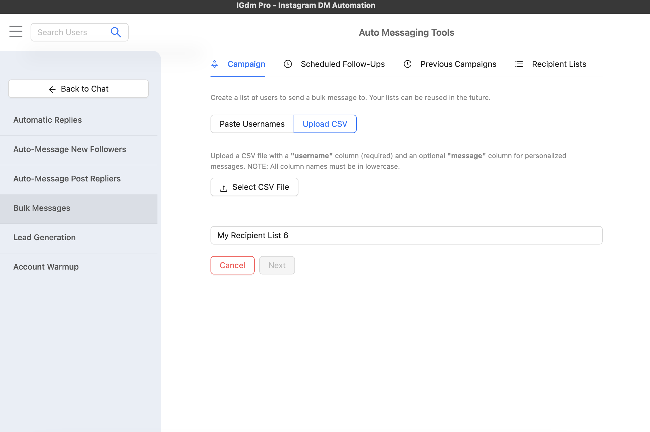 Choosing and uploading a recipients CSV file in IGdm Pro