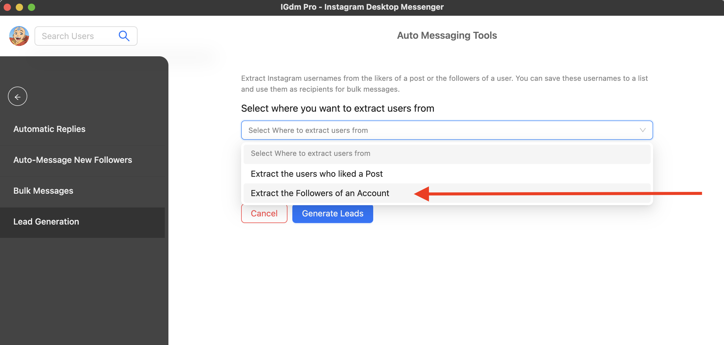 IGdm Pro lead generation type selection