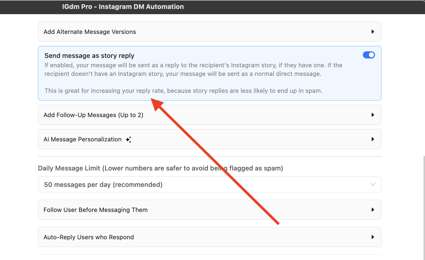 Send message as story reply enabled in IGdm Pro