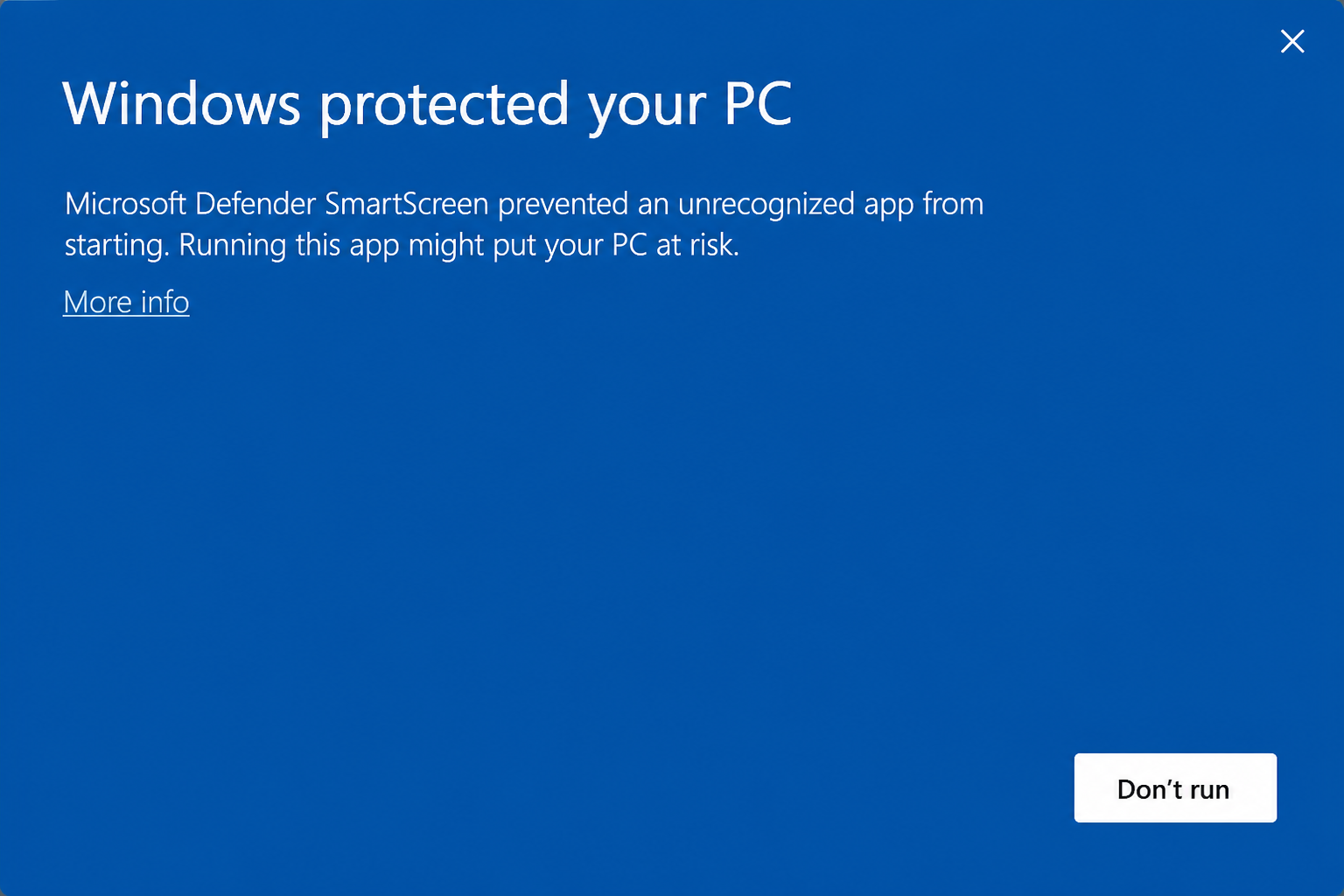 Windows SmartScreen warning: Windows protected your PC