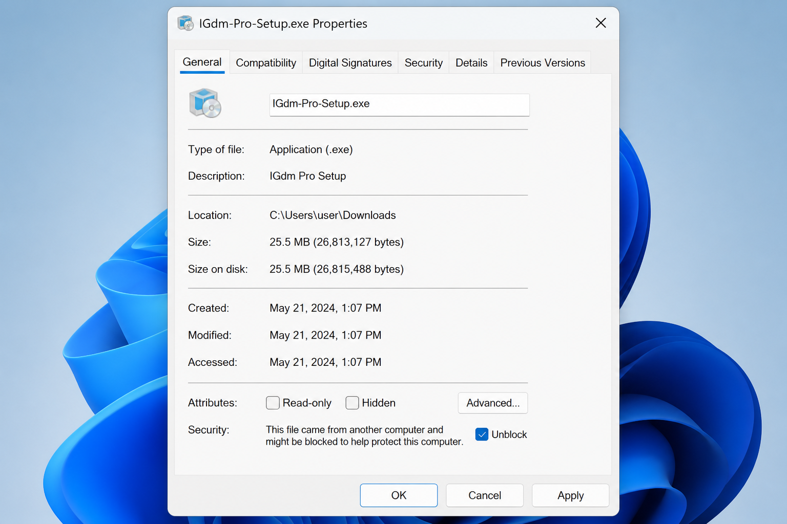 File Properties General tab with Unblock checkbox checked