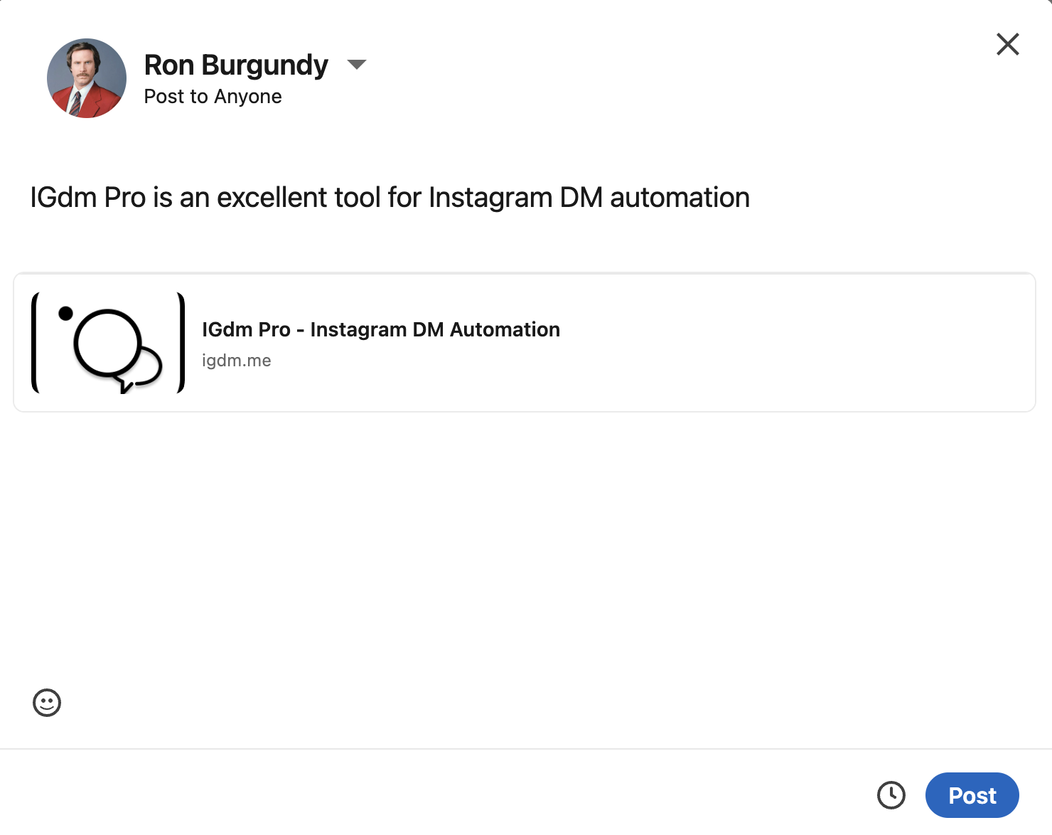 Example LinkedIn post about IGdm Pro
